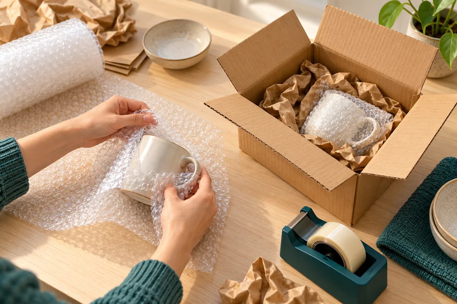 Minh hoạ bọc cốc sứ bằng xốp hơi và chèn giấy trong thùng carton